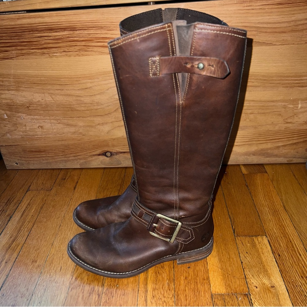 Timberland Savin Hill Brown Leather Buckle Zip Riding Moto Boots Womens NWOT